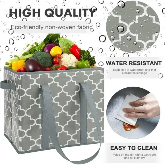Reusable Grocery Bags 2-Pack Foldable Washable Storage Bins Basket Water Resista - Picture 4 of 6